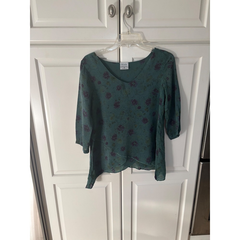 Click by Color Me Cotton Teal Floral Cupro Rayon V-Neck Blouse XS Made in USA
